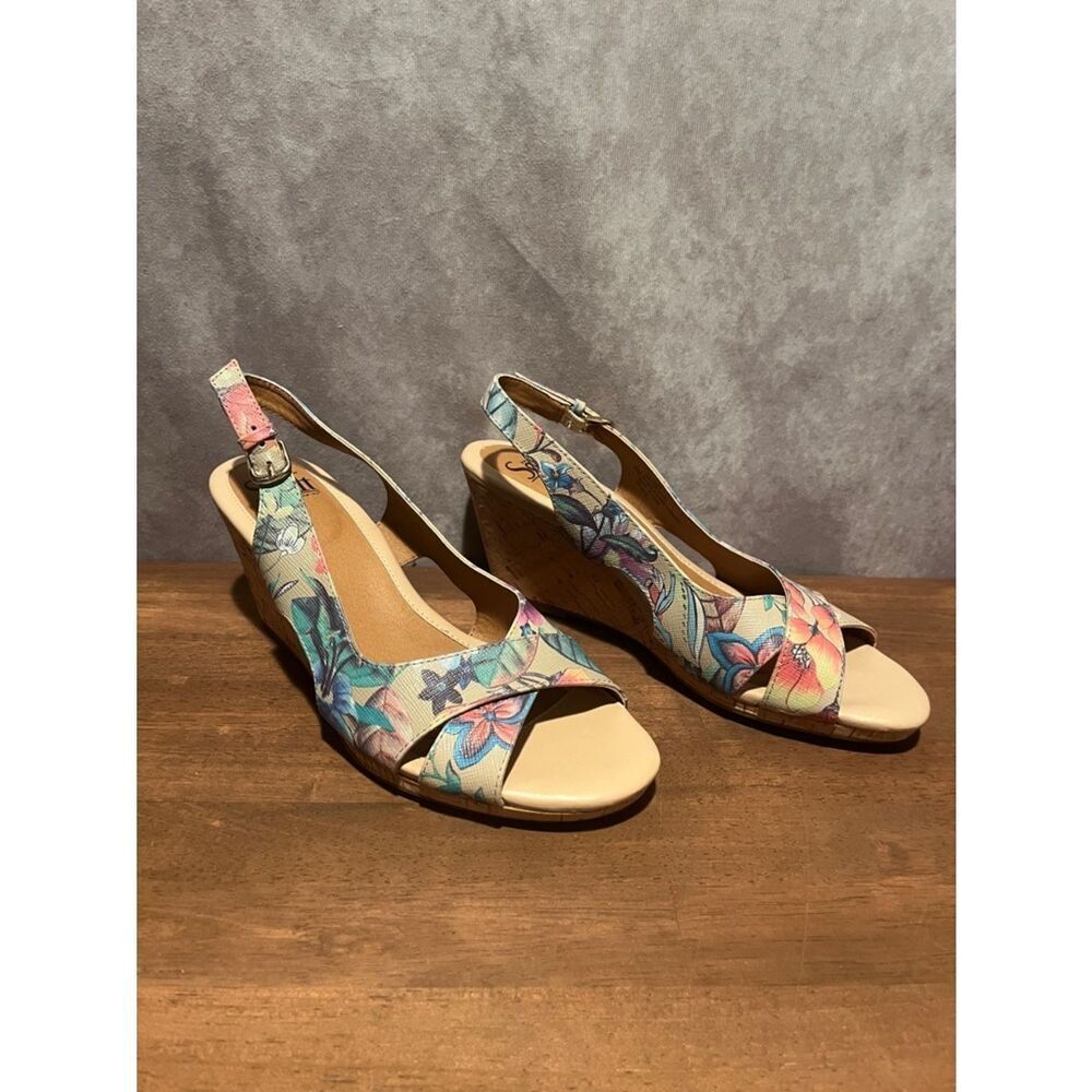 Sofft Floral Multicolor Slingback Leather Wedge Sandals size 8